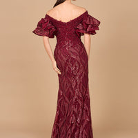 Off Shoulder Mermaid Beaded Gown with Tiered Sleeves