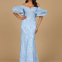 Off Shoulder Mermaid Beaded Gown with Tiered Sleeves