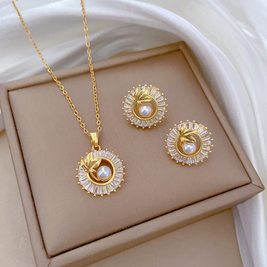 Fashion Jewelry Square Full Diamond Personalized Round Ring Leaves Necklace And Earrings Suite - MANDOTOS