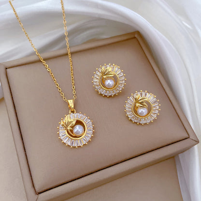 Fashion Jewelry Square Full Diamond Personalized Round Ring Leaves Necklace And Earrings Suite - MANDOTOS
