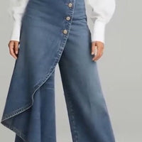 Ancient Energy straight-leg denim-style pants with front button row and asymmetric ruffle wrap hem, blue women's trousers