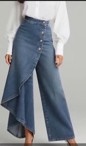 Ancient Energy straight-leg denim-style pants with front button row and asymmetric ruffle wrap hem, blue women's trousers
