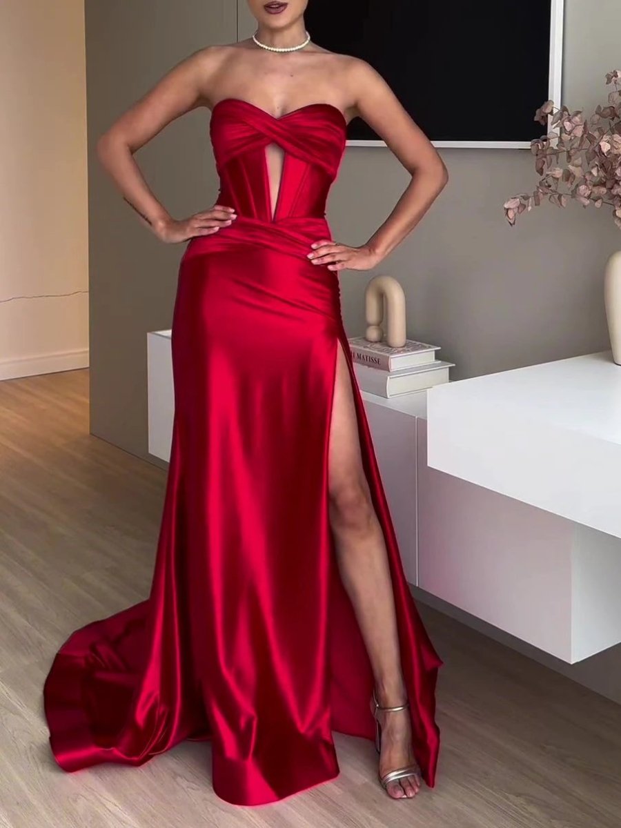 Tube Top Slit Red Extra Long Evening Dress MANDOTOS