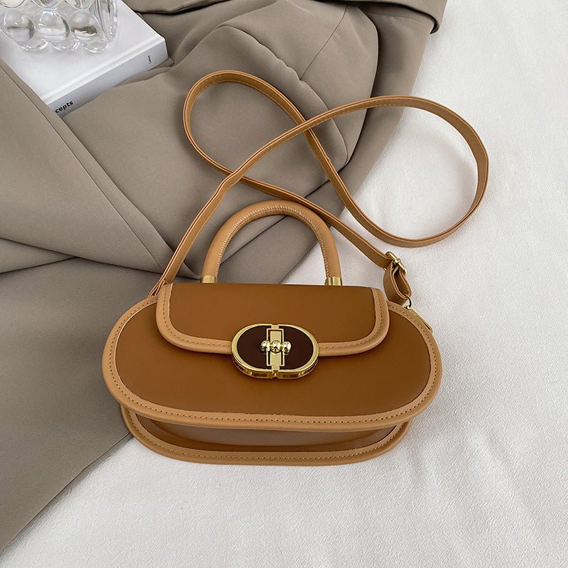 Premium Retro Matte Tote Bag Autumn Crossbody Mini Round Bag, tan leather with gold hardware