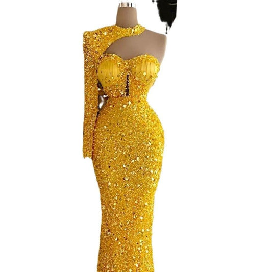 Sequined Pear Dress Embroidery Lace Asymmetric Single Sleeve Dress MANDOTOS