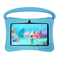 7-inch children's tablet in blue rugged protective case with handle.