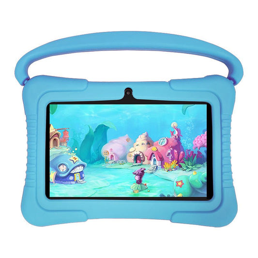 7-inch children's tablet in blue rugged protective case with handle.
