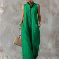 Linen Blend Sleeveless Stand-Collar Jumpsuit – 5 Colors S–3XL