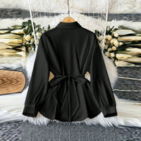 Women's Elegant Lapel Button-Down Top With Adjustable Metal Waist Belt Solid Color Loose Fit Blouse For Casual & Office Wear