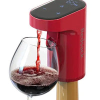 Smart wine pourer by MANDOTOS INTERNATIONAL, red electronic pourer pouring wine into a glass.