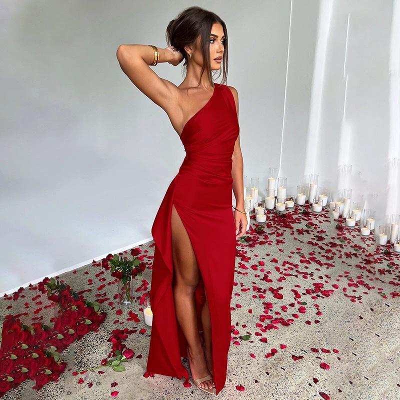 Sexy One-shoulder Backless Slit Dress Summer Elegant Slim-fit Solid Color Satin Dresses For Women MANDOTOS