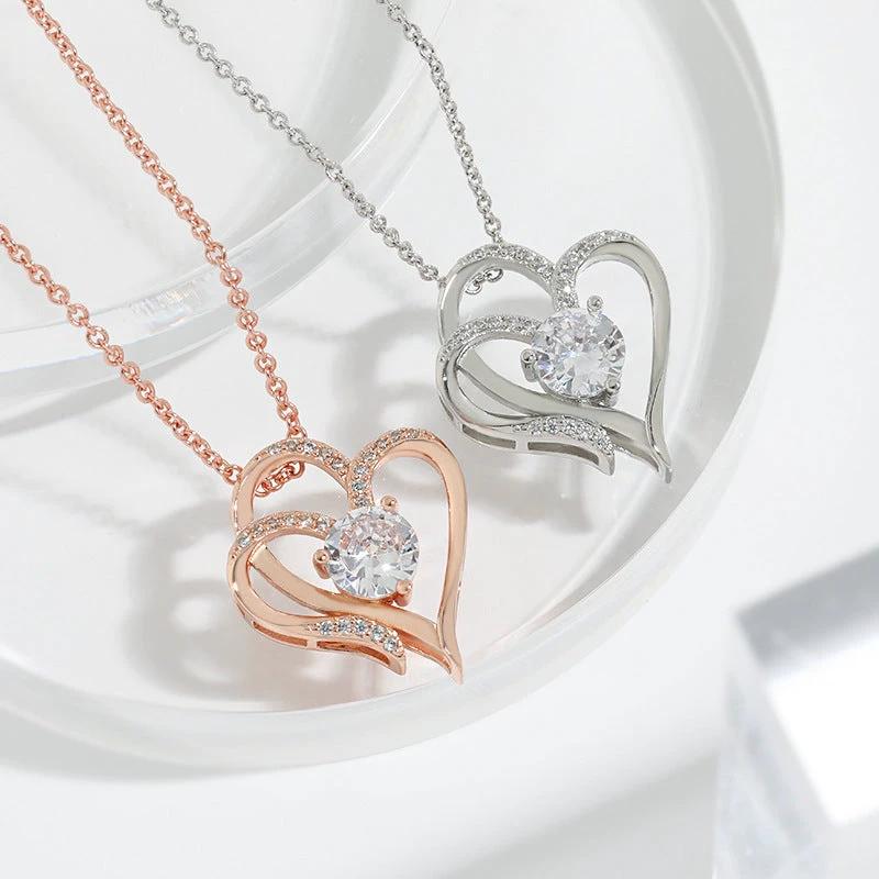 Zircon Double Love Necklace with Rhinestones 💖 Sparkling heart-shaped design for timeless elegance! - MANDOTOS