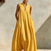 Linen Blend Sleeveless Stand-Collar Maxi Dress – 5 Colors S–3XL