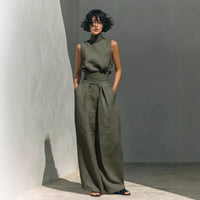 Women’s Cotton Linen Two-Piece Set – Sleeveless Top & Wide-Leg Pants