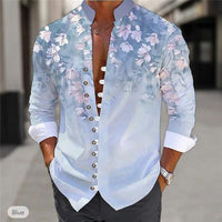 Mens Fashion 3D Printed Shirt Top in light blue floral print with metal button front and rolled cuffs