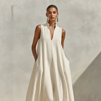 Linen Blend Sleeveless Stand-Collar Maxi Dress – 5 Colors S–3XL