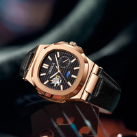 Mechanical watch with a rose-gold case, sun, moon and stars dial, and black leather strap.
