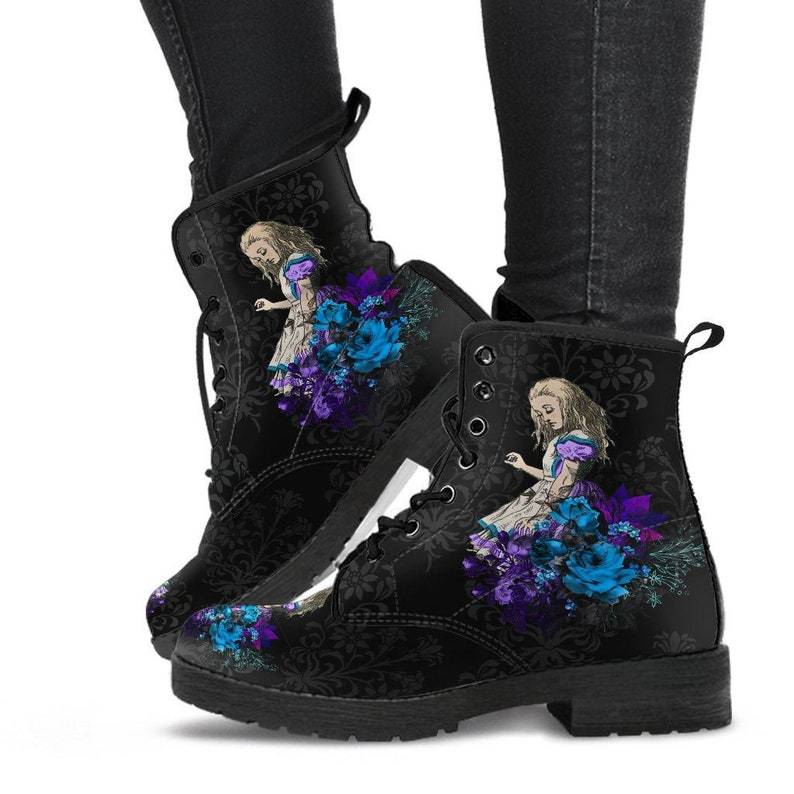 Gothic Print Vegan Leather Combat Boots by Ancient Energy; black lace-up boots with blue and purple floral graphic