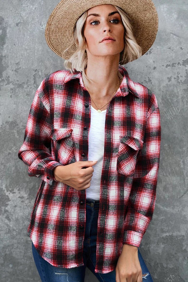 Plaid Shirt Women Spring Mid - length Loose Blouse Turndown Collar Shirt Clothing - MANDOTOS INTERNATIONAL0
