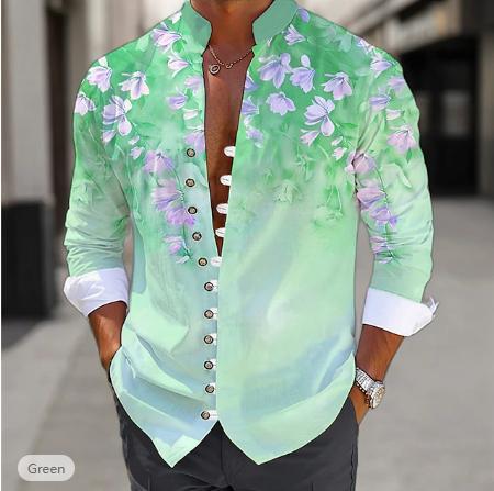 Men's 3D Printed Shirt Top by Ancient Energy, green gradient floral print, button-front, rolled white cuffs.