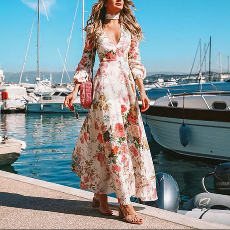 Elegant Deep V Print Dress - European Style