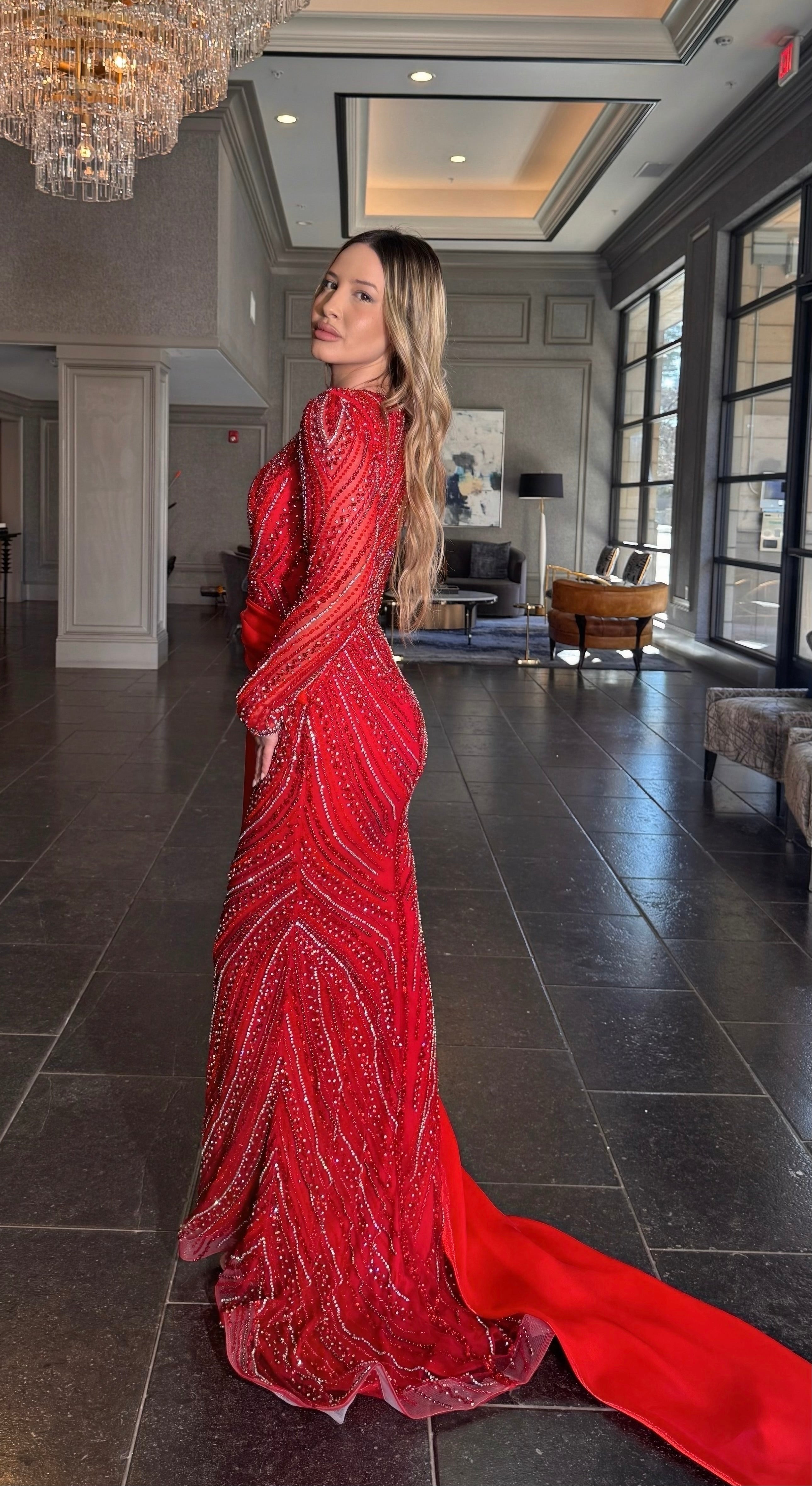 Ruba Sequin Modest Neckline with Long Side Organ Side Skirt