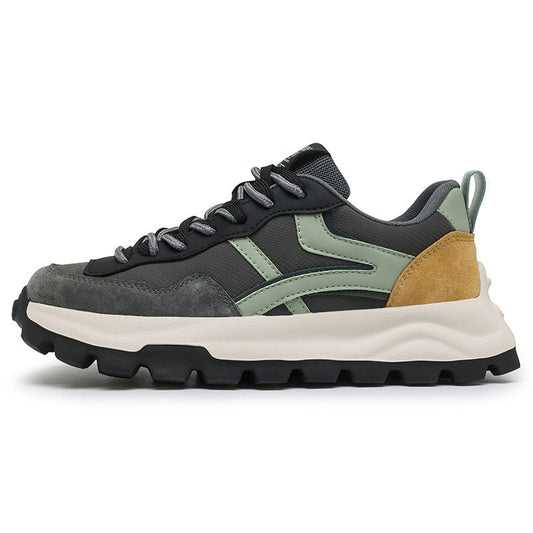 Casual dad sneaker with gray suede toe, black mesh, olive-green side overlays, tan heel, and chunky sole