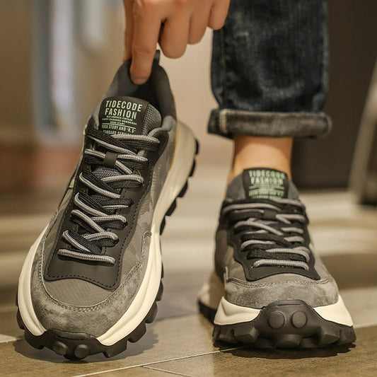 Ancient Energy casual dad sneakers, black/gray with suede overlays and chunky lug outsole; two lace-up sneakers
