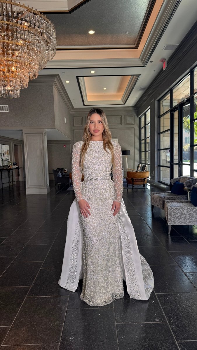 Aleena Bridal Embellished Pearl Crystal Beaded Gown With Detachable Overskirt Iyza Belaar
