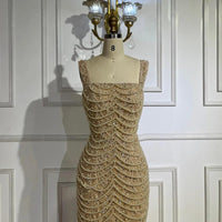 Nude Elegant Sling Light Luxury High-end Pearl Beaded Dress MANDOTOS