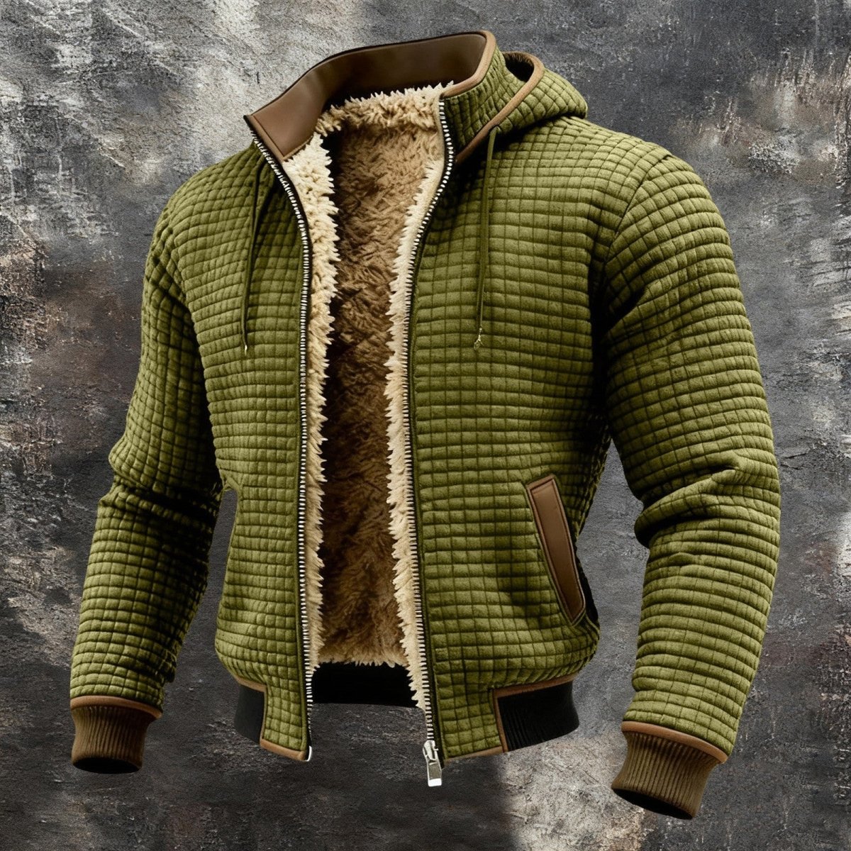 Jacket: olive green quilted bomber with shearling lining and brown leather trim