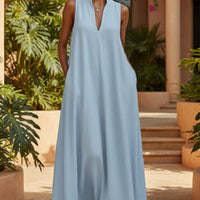 Linen Blend Sleeveless Stand-Collar Maxi Dress – 5 Colors S–3XL