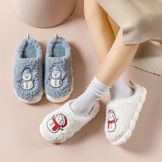 Cute Snowman Slippers Winter Indoor Household Warm Plush Thick-Soled Anti-slip Couple Home Slipper Soft Floor Bedroom House Shoes - MANDOTOS
