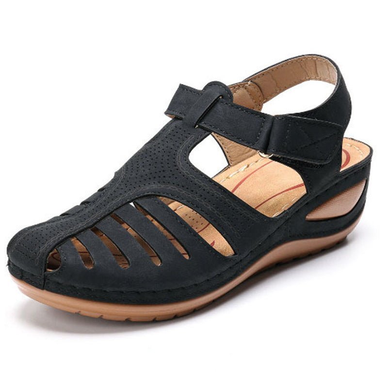 Women's Plus Size Retro Wedge Sandals by Ancient Energy, black perforated upper, round toe, beige wedge sole