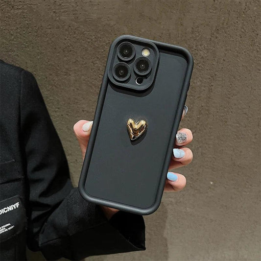 3D Gold Heart Silicone Soft Phone Case For iPhone 15 14 13 12 11 16 Pro Max XS XR 7 8 Plus SE 2020 Shockproof Candy Matte Cover - MANDOTOS