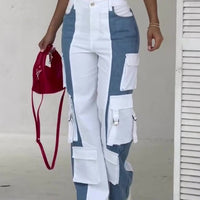Contrast Pocket Cargo Jeans by Ancient Energy; white and blue color-block denim with cargo pockets and red bag.