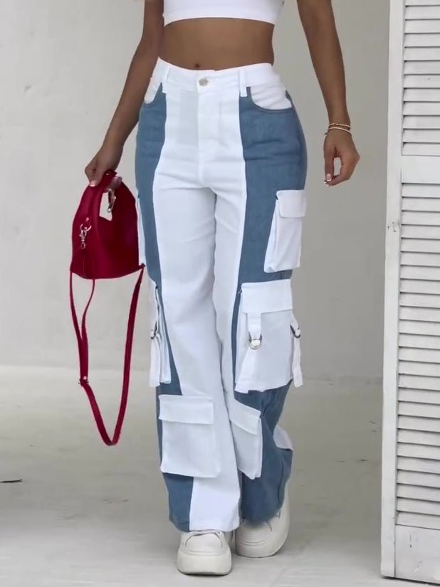 Contrast Pocket Cargo Jeans by Ancient Energy; white and blue color-block denim with cargo pockets and red bag.
