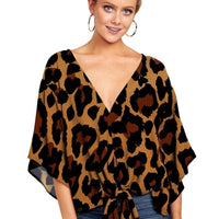 New V Neck Blouse Women Leopard Print Shirts Floral Tie Front Blouses Batwing Summer Oversize Ladies Tops - MANDOTOS INTERNATIONAL0