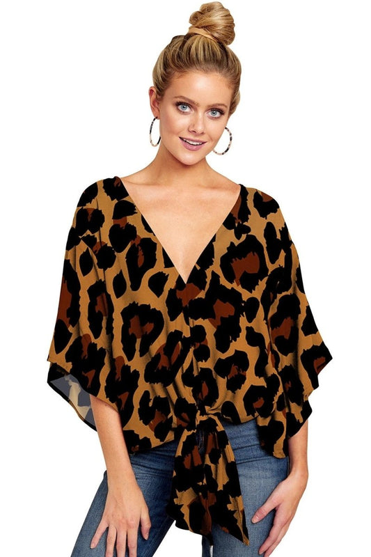 New V Neck Blouse Women Leopard Print Shirts Floral Tie Front Blouses Batwing Summer Oversize Ladies Tops - MANDOTOS INTERNATIONAL0