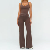 Womens Yoga Set in brown by Ancient Energy featuring a V-neck sleeveless top and slim straight pants