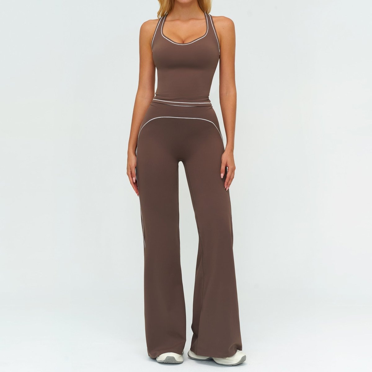Womens Yoga Set in brown by Ancient Energy featuring a V-neck sleeveless top and slim straight pants