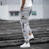 Mens Retro Jogger Casual Work Pants in light gray with cargo pockets and elastic cuffs