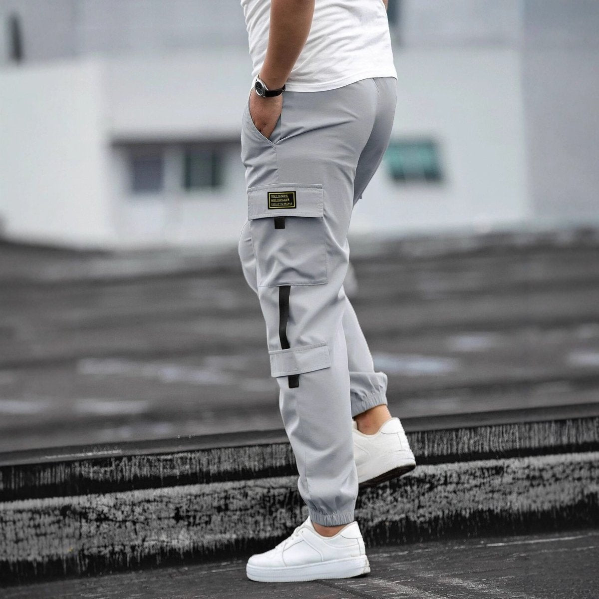 Mens Retro Jogger Casual Work Pants in light gray with cargo pockets and elastic cuffs