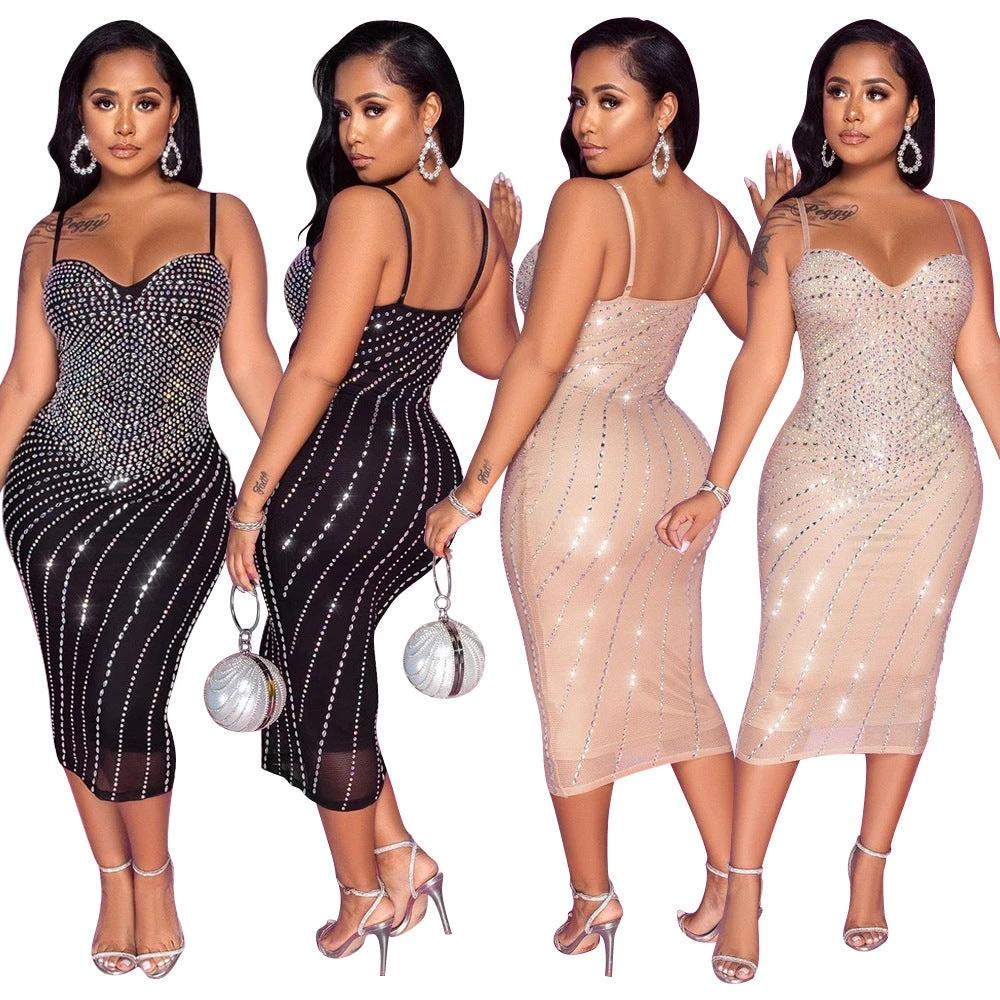 Women's Tight Braces Mesh Rhinestone Dress MANDOTOS