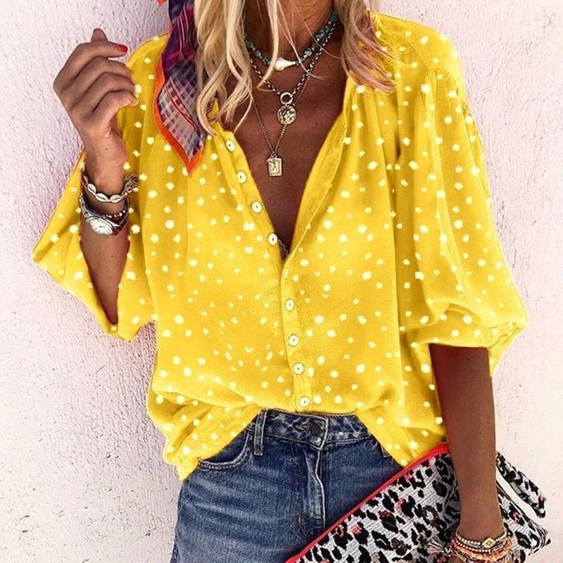 Printed Long Sleeve V - neck Button Ladies Blouse Women - MANDOTOS INTERNATIONAL0