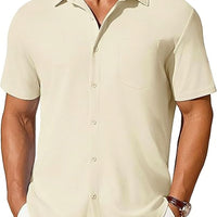 Mens short-sleeve wrinkle-resistant button-up shirt in beige with chest pocket by Ancient Energy