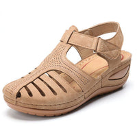 Women's Plus Size Retro Sandals with wedge heel, tan suede, round toe by Ancient Energy