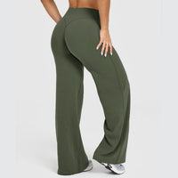 Women's straight-leg yoga pants by Ancient Energy, olive green, high-waisted athletic trousers