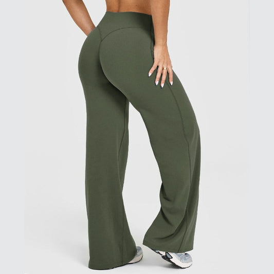 Women's straight-leg yoga pants by Ancient Energy, olive green, high-waisted athletic trousers