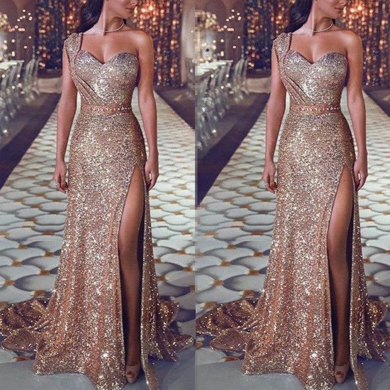 Women's Clothing One-shoulder Sleeveless Bronzing Split Dress MANDOTOS